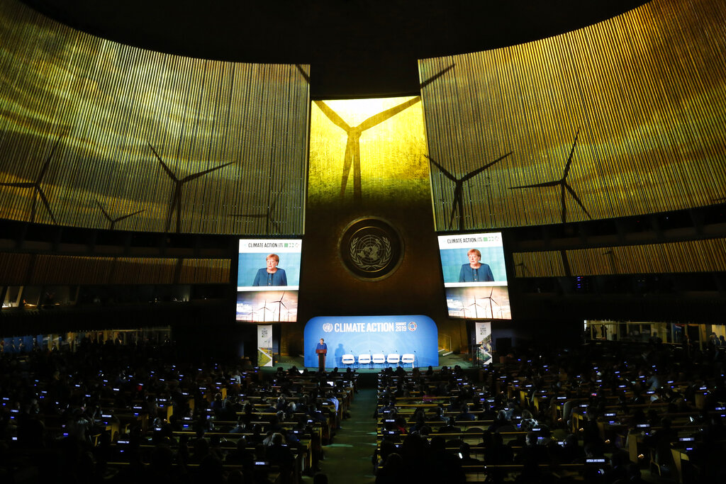 Germany's Chancellor Angela Merkel addresses the Climate Action Summit in the United Nations General Assembly, at U.N. headquarters, Monday, Sept. 23, 2019. Photo: Jason DeCrow / AP