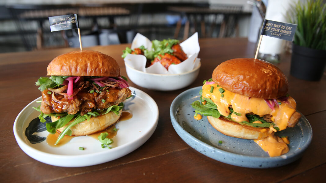 Top: From left to right, the Chicken and Tamarind Burger (305 baht), Mama’s Spicy Chicken Wings (260 baht), and Chicken with Salted Egg and Cheese Burger (340 baht).