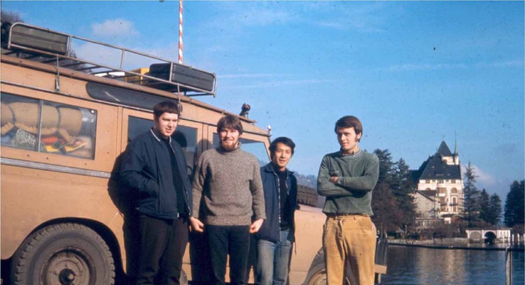 David Shaw, Simon Richard, Anussorn Thavisin, and George Emsden in Lucerne, Switzerland during their overland trip in 1970. Photo: David Shaw