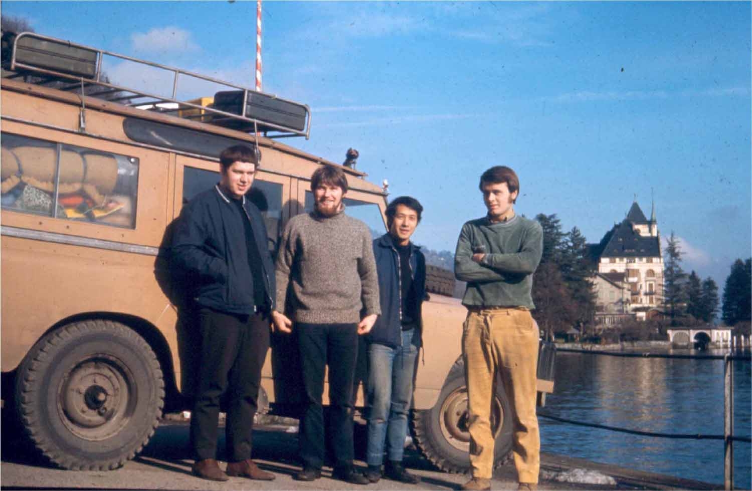 David Shaw, Simon Richard, Anussorn Thavisin, and George Emsden in Lucerne, Switzerland during their overland trip in 1970. Photo: David Shaw