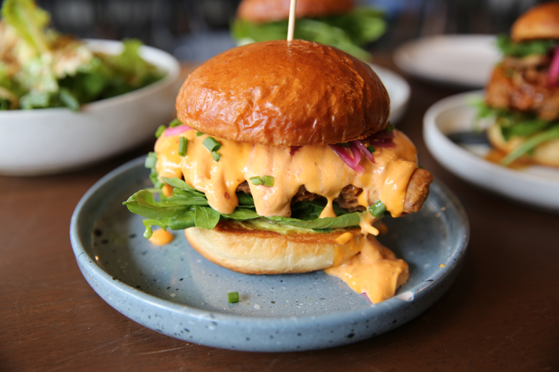 Chicken with Salted Egg and Cheese Burger (340 baht).