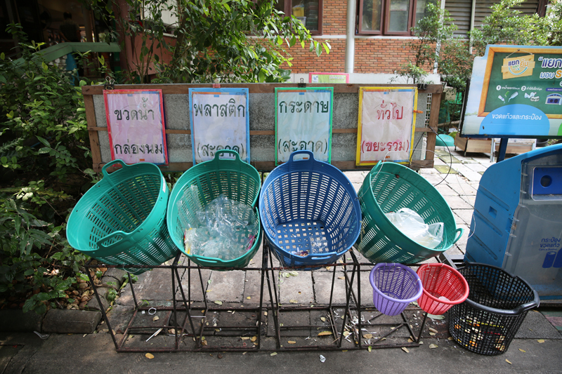 Waste sorting bins inside the temple.