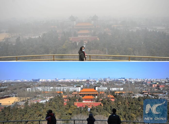 Combination photo taken on Feb. 26, 2014 (upper) and Feb. 27, 2014 (lower) shows the sharp contrast of air quality in Beijing, capital of China. (XINHUA/Li Wen)