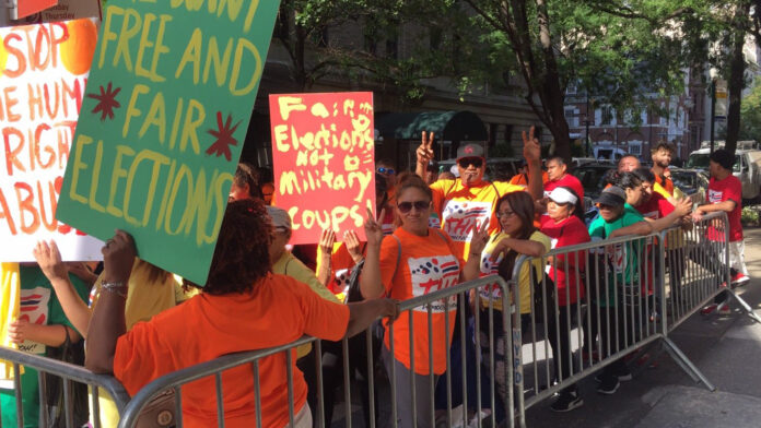 “Thai Democracy Now” gathering in front of the Plaza Athénée Hotel in New York on Sept. 24.