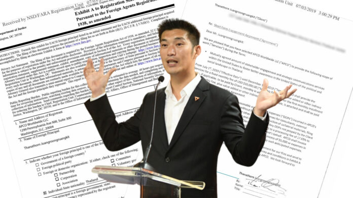 Thanathorn Juangroongruangkit. Insert: A registration statement submitted to the US Department of Justice, left, and a contract between Thanathorn and APCO Worldwide LLC, right.