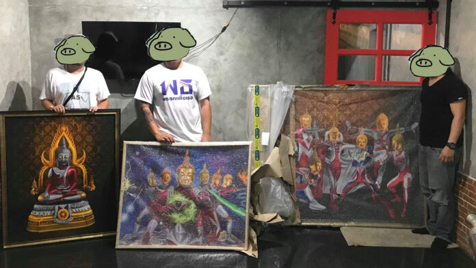 Pakorn Porncheewarakun, middle, standing with the painting among his friends who also bought the paintings from the artist. The censors are from the original image posted on Pakorn’s Facebook on Sept. 11. Photo: Pakorn Porncheewarakun / Facebook