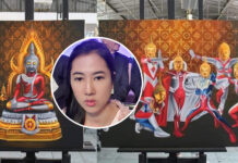 Junta Party MP Condemns ‘Ultraman Buddha’ Two of the four paintings in the collection by a student at Nakhonratchasima Rajabhat University. Insert: a selfie of Parina Kraikup. Photo: Parina Kraikup / Facebook