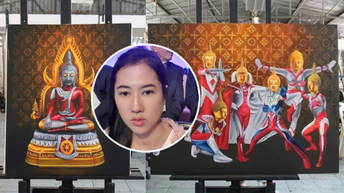 Two of the four paintings in the collection by a student at Nakhonratchasima Rajabhat University. Insert: a selfie of Parina Kraikup. Photo: Parina Kraikup / Facebook