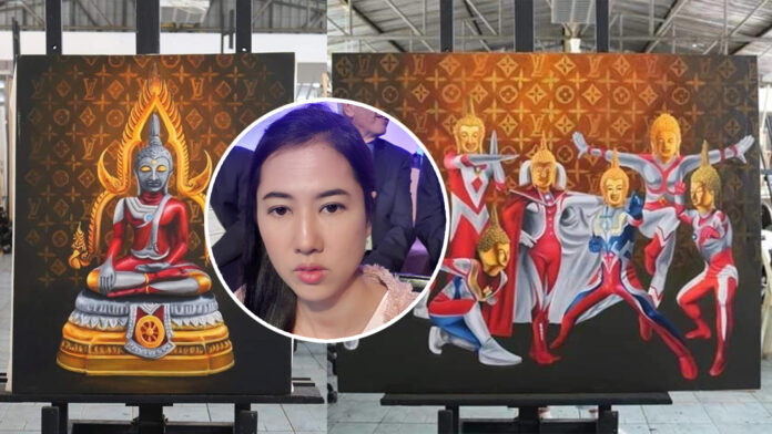 Two of the four paintings in the collection by a student at Nakhonratchasima Rajabhat University. Insert: a selfie of Parina Kraikup. Photo: Parina Kraikup / Facebook Two of the four paintings in the collection by a student at Nakhonratchasima Rajabhat University. Insert: a selfie of Parina Kraikup. Photo: Parina Kraikup / Facebook