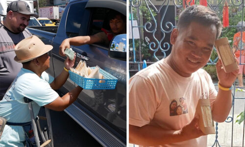 Left: Ton Boonmee sells sandwiches at Kaset Nawamin K. 251 Intersection in July. Photo: Mommtanaddak / YouTube. Right, Ton at an interview at his house. Photo: Sentangsedtee