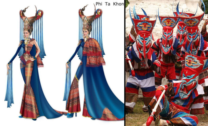 Left: Alongkorn Kongin’s “Phi Ta Khon Festival of Thailand” costume. Right: The Phi Ta Khon festival in July 2006. Photo: Stephane Megecaze / Wikimedia Commons