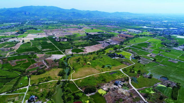 Aerial view of the archaelogical ruins Liangzhu City. Photo: Hangzhou Liangzhu Archaeological - Site Administrative District Management Committee Aerial view of the archaelogical ruins Liangzhu City. Photo: Hangzhou Liangzhu Archaeological - Site Administrative District Management Committee
