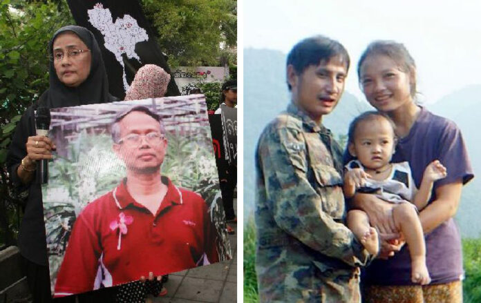 Left: Activists, including Angkhana Neelapaijit, mark the 11th anniversary of the abduction of human rights lawyer Somchai Neelapaijit in 2015 in Bangkok. Right: Porlajee “Billy” Rakchongcharoen poses with his wife and child. Photo: Courtesy of his family