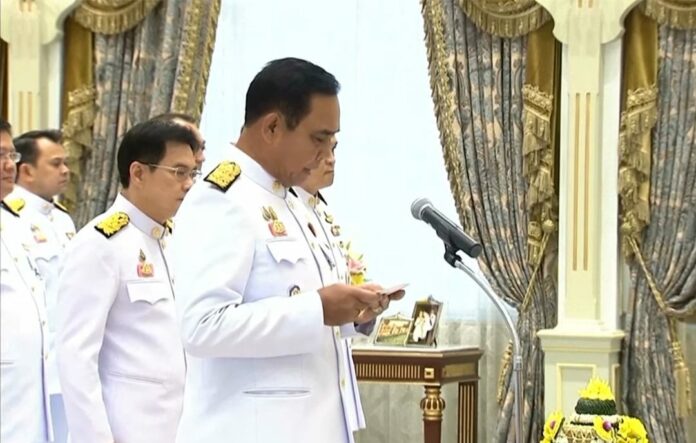 Prayuth Chan-ocha giving his oath of office during a ceremony at Amphorn Sathan Residential Hall on July 16, 2019. Prayuth Chan-ocha giving his oath of office during a ceremony at Amphorn Sathan Residential Hall on July 16, 2019.