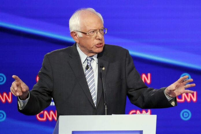 Democratic presidential candidate Sen. Bernie Sanders, I-Vt., speaks during a Democratic presidential primary debate hosted by CNN/New York Times at Otterbein University, Tuesday, Oct. 15, 2019, in Westerville, Ohio. (AP Photo/John Minchillo)