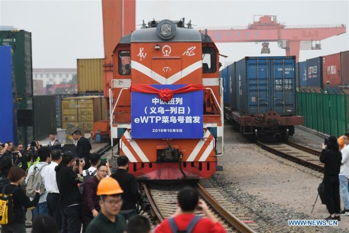 The China Railway Express (Yiwu-Liege) eWTP-Cainiao, a new China-Europe freight train service, starts operation at the Yiwu West Railway Station in Yiwu, east China's Zhejiang Province, Oct. 9, 2019. (Xinhua/Huang Zongzhi)