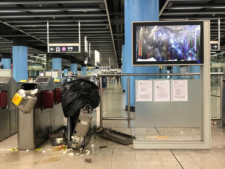 Photo shows damages by rioters in Hang Hau MTR Station, Hong Kong. Photo: MTR via Xinhua