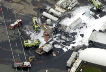 World War II-Era Bomber Crashes; At Least 7 Reported Dead In this aerial image taken from video, emergency crews respond to where a World War II-era bomber B-17 plane crashed at Bradley International Airport in Windsor Locks, Conn., Wednesday, Oct. 2, 2019. Photo: WFXT Boston 25 News via AP