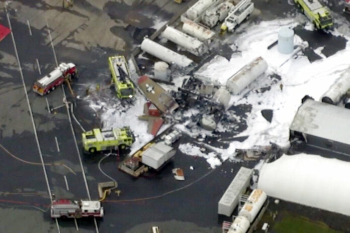 Plane Crash Connecticut In this aerial image taken from video, emergency crews respond to where a World War II-era bomber B-17 plane crashed at Bradley International Airport in Windsor Locks, Conn., Wednesday, Oct. 2, 2019. Photo: WFXT Boston 25 News via AP