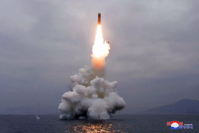 In this Wednesday, Oct. 2, 2019, photo provided Thursday, Oct. 3, 2019, by the North Korean government, an underwater-launched missile lifts off in the waters off North Korea's eastern coastal town of Wonsan. North Korea fired a ballistic missile from the sea on Wednesday, South Korea's military said, a suggestion that it may have tested an underwater-launched missile for the first time in three years ahead of a resumption of nuclear talks with the United States this weekend. The content of this image is as provided and cannot be independently verified. Korean language watermark on image as provided by source reads: 