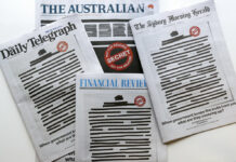 Australian Papers Redact Front Pages to Expose Govt Secrecy Newspapers display redacted copy on their front pages in Sydney, Monday, Oct. 21, 2019. Australia's major newspapers have published redacted front pages in a coordinated campaign to highlight government secrecy that is often justified on national security grounds. Photo: Rick Rycroft / AP