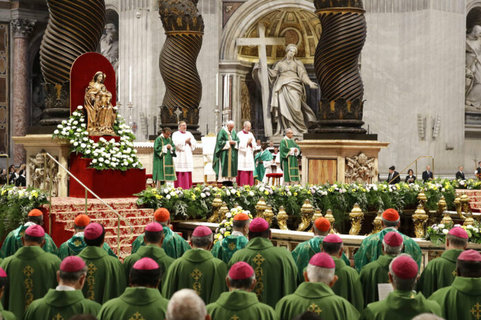 Pope Francis presides over a Mass for the closing of the Amazon synod in St. Peter's Basilica at the Vatican, Sunday, Oct. 27, 2019. Photo: Alessandra Tarantino / AP Pope Francis presides over a Mass for the closing of the Amazon synod in St. Peter's Basilica at the Vatican, Sunday, Oct. 27, 2019. Photo: Alessandra Tarantino / AP