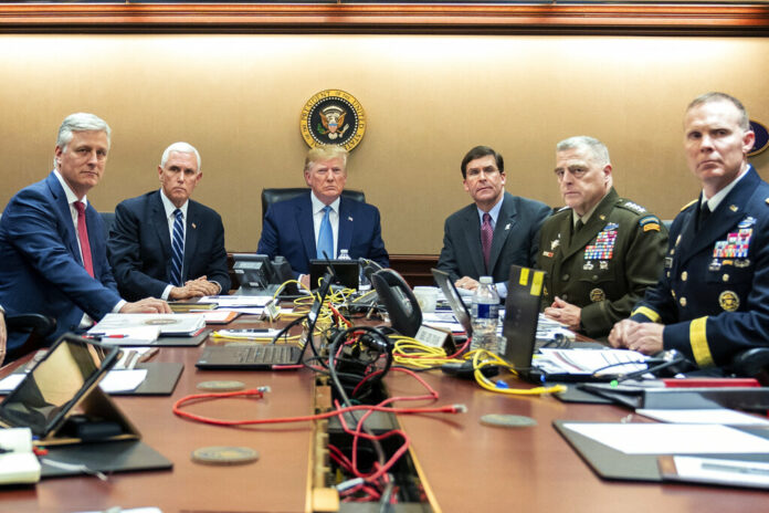 In this photo provided by the White House, President Donald Trump is joined by from left, national security adviser Robert O'Brien, Vice President Mike Pence, Defense Secretary mark Esper, Joint Chiefs Chairman Gen. Mark Milley and Brig. Gen. Marcus Evans, Deputy Director for Special Operations on the Joint Staff, Saturday, Oct. 26, 2019, in the Situation Room of the White House in Washington. Photo: Shealah Craighead / The White House via AP In this photo provided by the White House, President Donald Trump is joined by from left, national security adviser Robert O'Brien, Vice President Mike Pence, Defense Secretary mark Esper, Joint Chiefs Chairman Gen. Mark Milley and Brig. Gen. Marcus Evans, Deputy Director for Special Operations on the Joint Staff, Saturday, Oct. 26, 2019, in the Situation Room of the White House in Washington. Photo: Shealah Craighead / The White House via AP