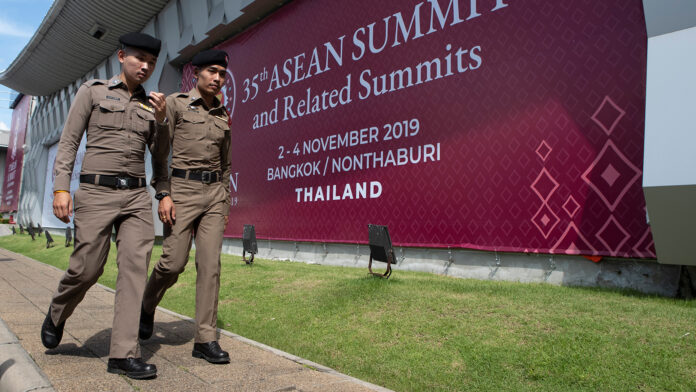 Policemen patrolling the meeting venue for 35th ASEAN Summit at Impact Muang Thong Thani on Oct. 29, 2019. Photo: Sakchai Lalit / AP