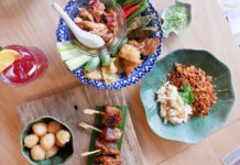 Supanniga’s Charming Trat Cuisine Now Serving Up Granny’s Staples at Charoenkrung Supanniga Eating Room Charoen Krung 38 dishes from top, clockwise: the Salak and Shrimp Chili Dip with Deep Fried Nue-Aon Fish (340 baht), Stir Fried Crab Roe with Himalayan Salt and Chili Mix (590 baht), and Grilled Pork Collar with Chamuang Leaves and Seared Rice Cake (270 baht).