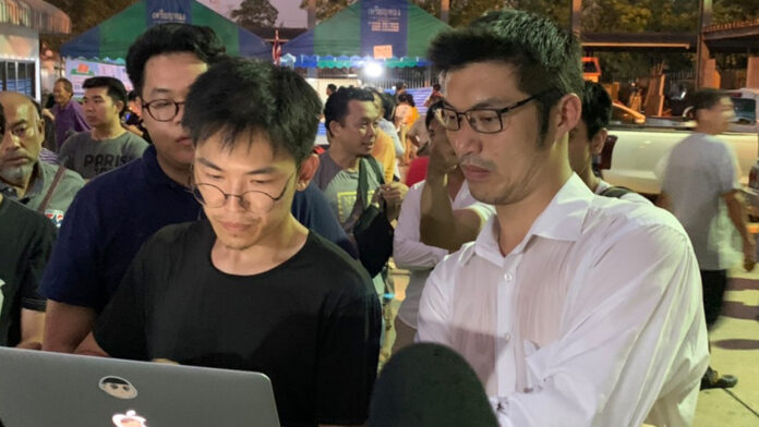 Future Forward leader Thanathorn Juangroongruangkit monitors the by-election results in Nakhon Pathom province on Oct. 23, 2019.