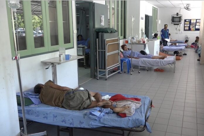 Patients and visitors spill onto a hallway in a hospital on Koh Samui in April 2017. Hospital directors say the facility was overwhelmed with patients.