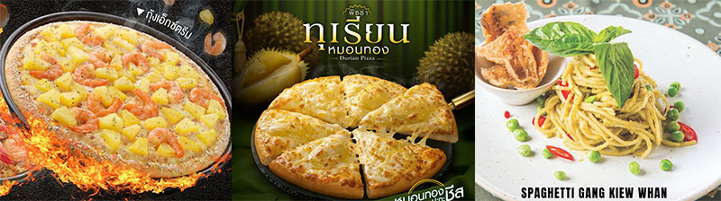 Thai renditions of Italian food found such as a pineapple-shrimp pizza, durian pizza, and gang kiew waan spaghetti. Photos: Facebook