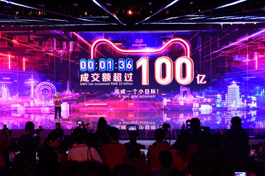 The giant screen shows that Tmall reached a 10 billion yuan worth of sales in 1 minute and 36 seconds on Singles' Day at the media center in Alibaba Group's Xixi Park, in Hangzhou, Zhejiang Province, Nov. 11, 2019. Photo: Huang Zongzhi / Xinhua