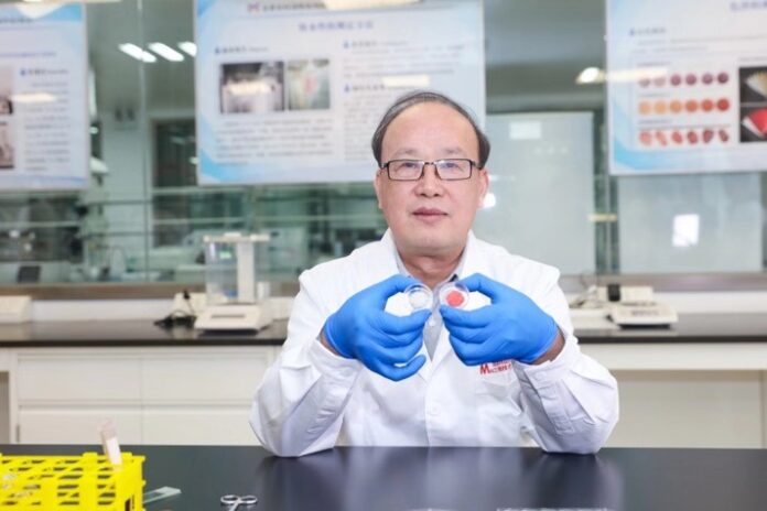 Zhou Guanghong shows the lab-grown meat at the Nanjing Agricultural University in Nanjing, east China's Jiangsu Province, Nov. 21, 2019. (Photo provided to Xinhua)