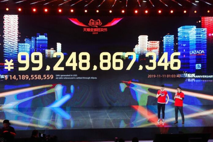 Alibaba tracks the net worth of 11.11 sales on Nov. 11, 2019 in Hangzhou, China.