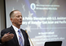US Official Urges ASEAN to Stand up to China in Sea Row David Stilwell, the U.S. State Department’s assistant secretary for East Asia and the Pacific, left, speaks during a forum in Kuala Lumpur, Thursday, Oct. 31, 2019. The senior U.S. official says a free and open Indo-Pacific concept is not a move to expand U.S. domination but reflects Washington’s “enduring engagement” to prosper the region. Photo: Vincent Thian / AP