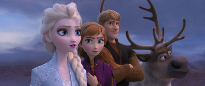 This image released by Disney shows Elsa, voiced by Idina Menzel, from left, Anna, voiced by Kristen Bell, Kristoff, voiced by Jonathan Groff and Sven in a scene from 