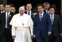 Pope in Japan Meets Victims, Voices Concern Over Nuke Power Pope Francis walks with Japan's Prime Minister Shinzo Abe as he arrives at the prime minister's official residence Monday, Nov. 25, 2019 in Tokyo. Photo: Tomohiro Ohsumi/Pool Photo via AP