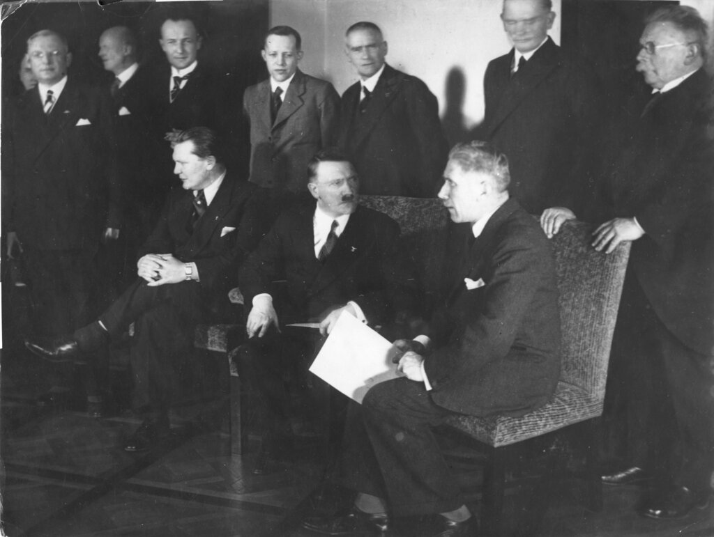 This January 30, 1933 file photo shows the ministers of the new cabinet of Germany's new Chancellor Adolf Hitler in Berlin. Front row from left to right: Hermann Goering, Adolf Hitler, Franz von Papen. Second row standing from right to left are: Alfred Hugenberg, Werner von Blomberg, Wilhelm Frick, Johann Ludwig Graf Schwerin von Krosigk, Paul Freiherr Eltz von Ruebenach and Franz Beldte. A Geneva businessman says he has purchased Adolf Hitler's top hat and other Nazi memorabilia to keep them out of the hands of neo-Nazis and will donate them to a Jewish group. Photo: AP
