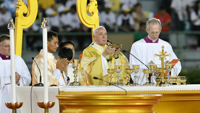 Pope Francis during the public mass at the National Stadium on Nov. 21, 2019. Pope Francis during the public mass at the National Stadium on Nov. 21, 2019.
