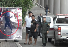 Two Men Arrested for Gunfight That Killed 17-Year-Old Bystander Jaturong Mesopha, left, and Thanwa Boonpard, right, being escorted by the police to a court on Nov. 4, 2019. Insert: a still from CCTV footage showing Jaturong aiming a gun on Nov. 3, 2019.