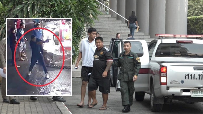 Jaturong Mesopha, left, and Thanwa Boonpard, right, being escorted by the police to a court on Nov. 4, 2019. Insert: a still from CCTV footage showing Jaturong aiming a gun on Nov. 3, 2019.