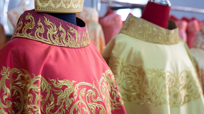 Embroidered robes prepared for Pope Francis’ visit to Thailand in November 2019.