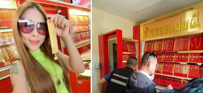 Left: A photo of Mae Manee in her “gold shop.” Right: Police raid Mae Manee’s fake gold shop Oct.31, 2019. Photo: Thailand Most Wanted / Facebook