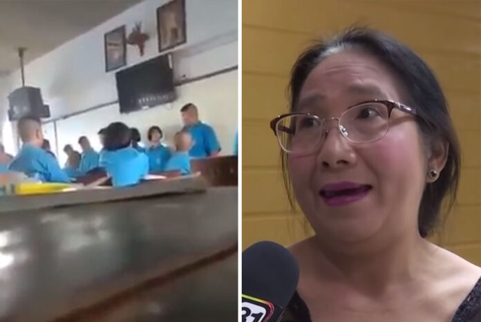 Left, Siriwan Butpetch slaps Matthayom 1 students. Right, Siriwan Butpetch talks to press Tuesday. Photo: one31 / YouTube Left, Siriwan Butpetch slaps Matthayom 1 students. Right, Siriwan Butpetch talks to press Tuesday. Photo: one31 / YouTube