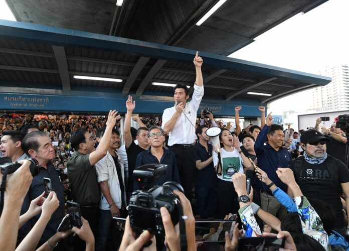 Future Forward Party leader Thanathorn Juangroongruangkit speaks to his supporters at a protest in Bangkok on Dec. 14, 2019.