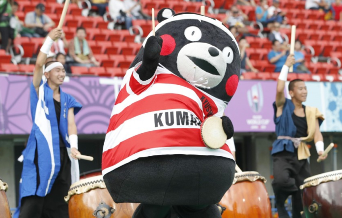 Kumamon performs ahead of a Rugby World Cup match between France and Tonga on Oct. 6, 2019 in Kumamoto city. Image: Kyodo