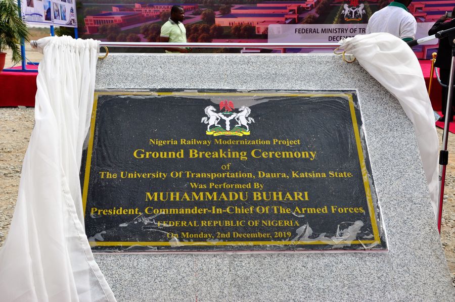 The photo shows a stone tablet marking the ground-breaking ceremony of Nigeria's University of Transportation at Daura, Katsina state, on Dec. 2, 2019. Photo: Yang Hongjie / Xinhua