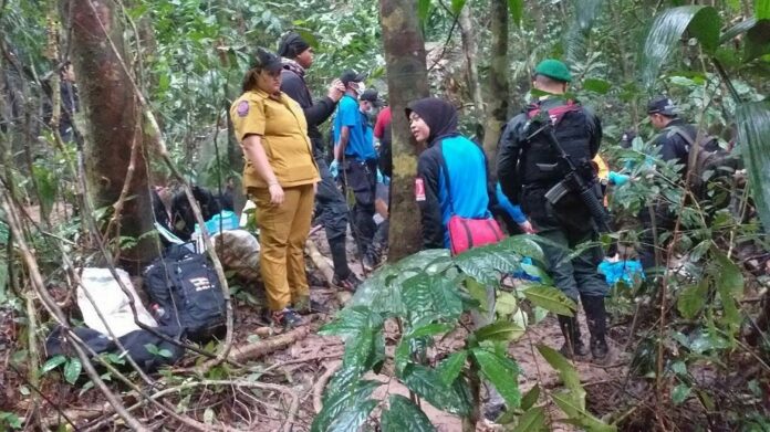 Forensic officials inspect the scene of fatal shootings on Ta We mountain in Narathiwat province on Dec. 17, 2019.