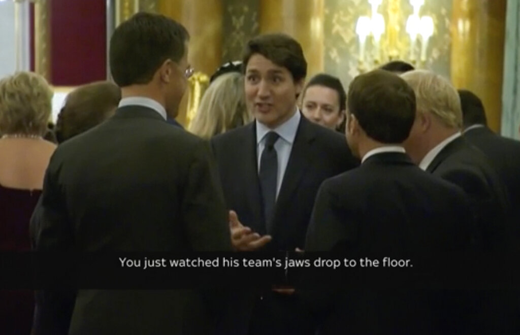 In this grab taken from video on Tuesday, Dec. 3, 2019, Canada's Prime Minister Justin Trudeau, centre, gestures as he speaks during a NATO reception. While NATO leaders are professing unity as they gather for a summit near London, several seem to have been caught in an unguarded exchange on camera apparently gossiping about U.S. President Donald Trump’s behavior. In footage recorded during a reception at Buckingham Palace on Tuesday, Canadian Prime Minister Justin Trudeau was seen standing in a huddle with French President Emmanuel Macron, British Prime Minister Boris Johnson, Dutch Prime Minister Mark Rutte and Britain’s Princess Anne. Photo: Host Broadcaster via AP